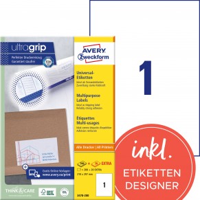 AVERY ZWECKFORM Universaletiketten ultragrip 3478-200 220 Stück 210 x 297 mm weiß