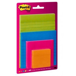 POST-IT® Haftnotizen Super Sticky 6422-OPBG 4 Blöcke à 45 Blatt verschiedene Größen farbig sortiert