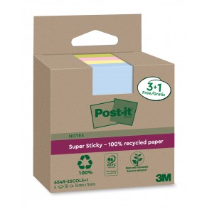 POST-IT® Haftnotizen Super Sticky Recycling 654SSCOL 4 Blöcke à 70 Blatt 76 x 76 mm sortiert