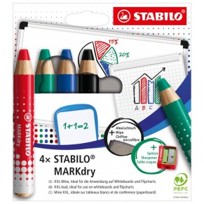 STABILO MARKdry Whiteboardmarker-Set inkl. Abwischtuch + Spitzer 648/4-5 4 Stück farbig sortiert