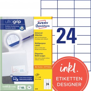 AVERY ZWECKFORM Universaletiketten ultragrip 3474 2.400 Stück 70 x 37 mm weiß