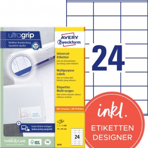 AVERY ZWECKFORM Universaletiketten ultragrip 3475 2.400 Stück 70 x 36 mm weiß