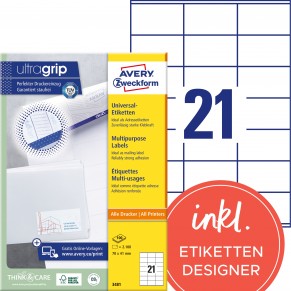 AVERY ZWECKFORM Universaletiketten ultragrip 3481 2100 Stück 70 x 41 mm weiß