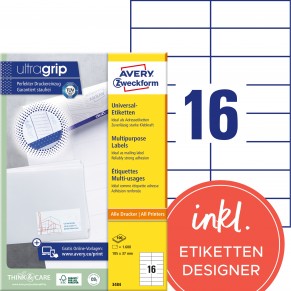 AVERY ZWECKFORM Universaletiketten ultragrip 3484 1.600 Stück 105 x 37 mm weiß