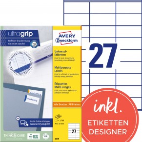 AVERY ZWECKFORM Universaletiketten ultragrip 3479 2.700 Stück 70 x 32 mm weiß