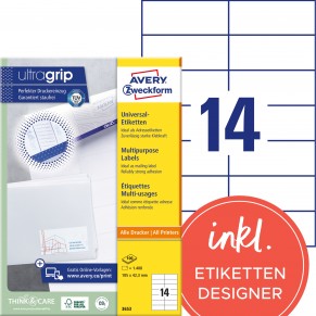 AVERY ZWECKFORM Universaletiketten ultragrip 3653 1.400 Stück 105 x 42,3 mm weiß