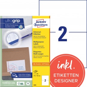 AVERY ZWECKFORM Universaletiketten ultragrip 3655 200 Stück 210 x 148 mm weiß