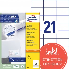 AVERY ZWECKFORM Universaletiketten ultragrip 3652 2.100 Stück 70 x 42,3 mm weiß