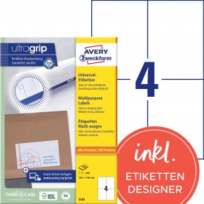 AVERY ZWECKFORM Universaletiketten ultragrip 3483 400 Stück 105 x 148 mm weiß