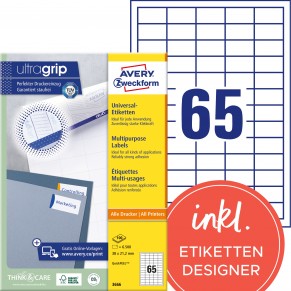 AVERY ZWECKFORM Universaletiketten ultragrip 3666 6.500 Stück 38 x 21,1 mm weiß