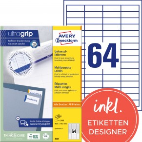 AVERY ZWECKFORM Universaletiketten ultragrip 3667 6.400 Stück 48,5 x 16,9 mm weiß