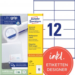 AVERY ZWECKFORM Universaletiketten ultragrip 3424 1.200 Stück 105 x 48 mm weiß