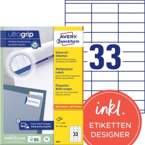 AVERY ZWECKFORM Universaletiketten ultragrip 3421 3.300 Stück 70 x 25,4 mm weiß