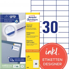 AVERY ZWECKFORM Universaletiketten ultragrip 3489 3.000 Stück 70 x 29,7 mm weiß