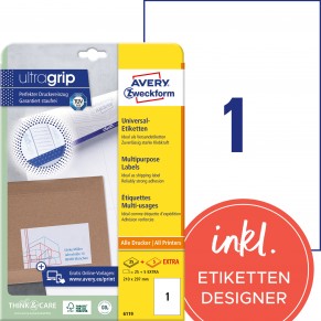 AVERY ZWECKFORM Universaletiketten ultragrip 6119 30 Stück 210 x 297 mm weiß