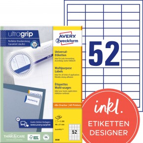 AVERY ZWECKFORM Universaletiketten ultragrip 3650 5.200 Stück 48 x 21 mm weiß