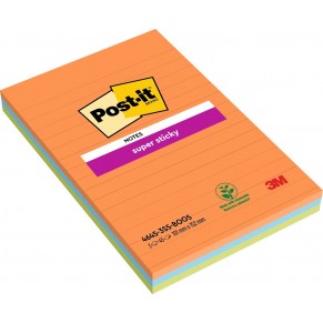 POST-IT® Haftnotizen Super Sticky 46453SSA 3 Blöcke à 45 Blatt liniert 101x152mm farbig sortiert