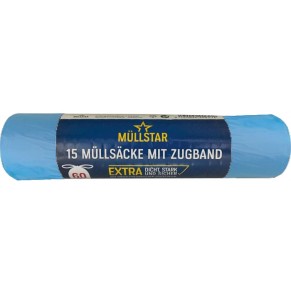 MÜLLSTAR Müllsäcke mit Zugband 15 Stück 60 Liter blau