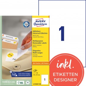 AVERY ZWECKFORM Universaletiketten L4735REV-100 100 Stück wiederablösbar 210x297 mm weiß