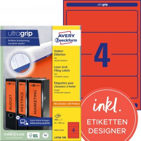 AVERY ZWECKFORM ultragrip Ordneretiketten L4766-100 400 Stück breit 61 x 192 mm rot