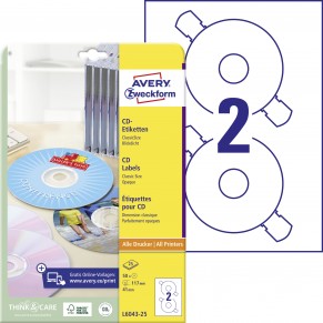 AVERY ZWECKFORM CD-Etiketten L6043-25 50 Etiketten Ø 117 mm weiß