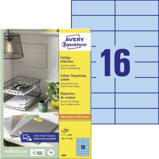 AVERY ZWECKFORM Organisationsetiketten 3453 1.600 Stück 105 x 37 mm blau