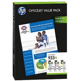 HP Officejet Value Pack 3 x HP 933XL (cyan, magenta, gelb) und 75 Blatt DIN A4 Papier weiß