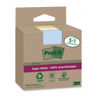 POST-IT® Haftnotizen Super Sticky Recycling 654SSCOL 4 Blöcke à 70 Blatt 76 x 76 mm sortiert