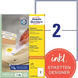 AVERY ZWECKFORM Universaletiketten L4734REV-100 200 Stück wiederablösbar 199,6 x 143,5 mm weiß