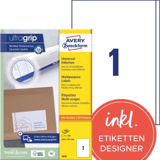 AVERY ZWECKFORM Universaletiketten ultragrip 3418 100 Stück 200 x 297 mm weiß