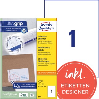 AVERY ZWECKFORM Universaletiketten ultragrip 3478 100 Stück 210 x 297 mm weiß