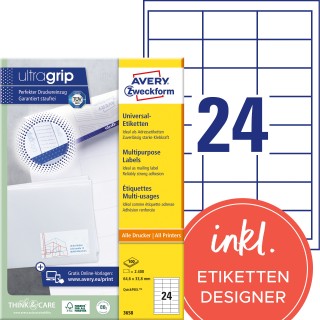 AVERY ZWECKFORM Universaletiketten ultragrip 3658 2.400 Stück 64,6 x 33,8 mm weiß