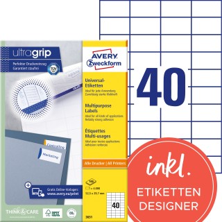 AVERY ZWECKFORM Universaletiketten ultragrip 3651 4.000 Stück 52,5 x 29,7 mm weiß