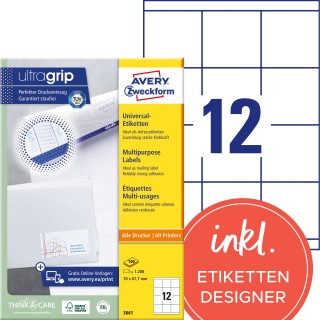 AVERY ZWECKFORM Universaletiketten ultragrip 3661 1.200 Stück 70 x 67 mm weiß