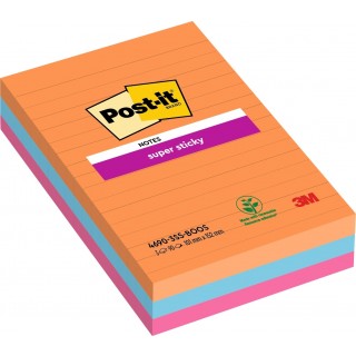 POST-IT® Haftnotizen Super Sticky 4690-3SS-BOOS 3 Blöcke à 90 Blatt liniert 101 x 152 mm farbig sortiert