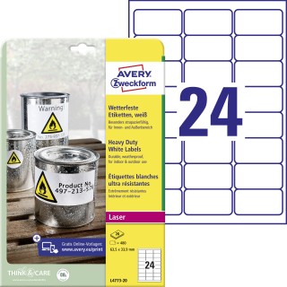 AVERY ZWECKFORM Wetterfeste Etiketten L4773-20 480 Stück 63,5 x 33,9 mm weiß