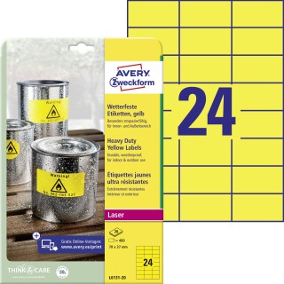 AVERY ZWECKFORM Wetterfeste Etiketten L6131-20 480 Stück 70 x 37 mm gelb