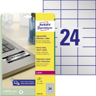 AVERY ZWECKFORM Typenschildetiketten L6133-20 480 Stück 70 x 37 mm silber 