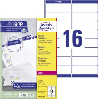 AVERY ZWECKFORM Adressetiketten ultragrip L7162-100 1.600 Stück 99,1 x 33,9 mm weiß