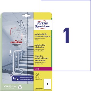 AVERY ZWECKFORM Antimikrobielle Etiketten L8011REV-10 10 Etiketten DIN A4 wiederablösbar 210 x 297 mm transparent