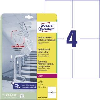 AVERY ZWECKFORM Antimikrobielle Etiketten L8013REV-10 40 Etiketten wiederablösbar 105 x 148 mm transparent