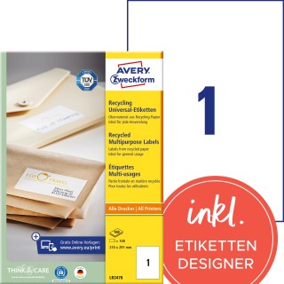 AVERY ZWECKFORM Recycling Universaletiketten LR3478 100 Stück 210 x 297 mm naturweiß